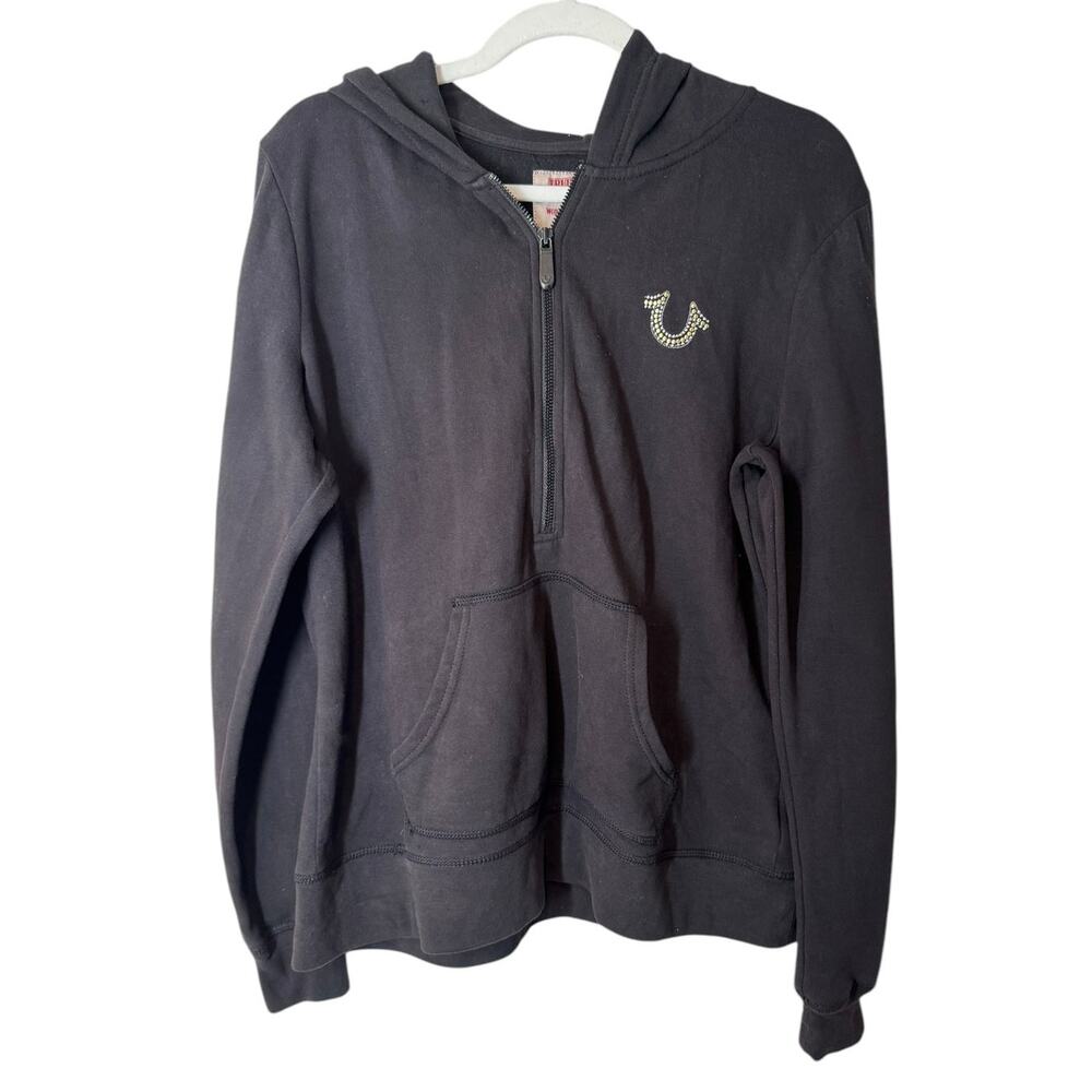 True Religion Black Half Zip Hoodie‎ Buddha Sweatshirt Embellished XL Y2K 90s